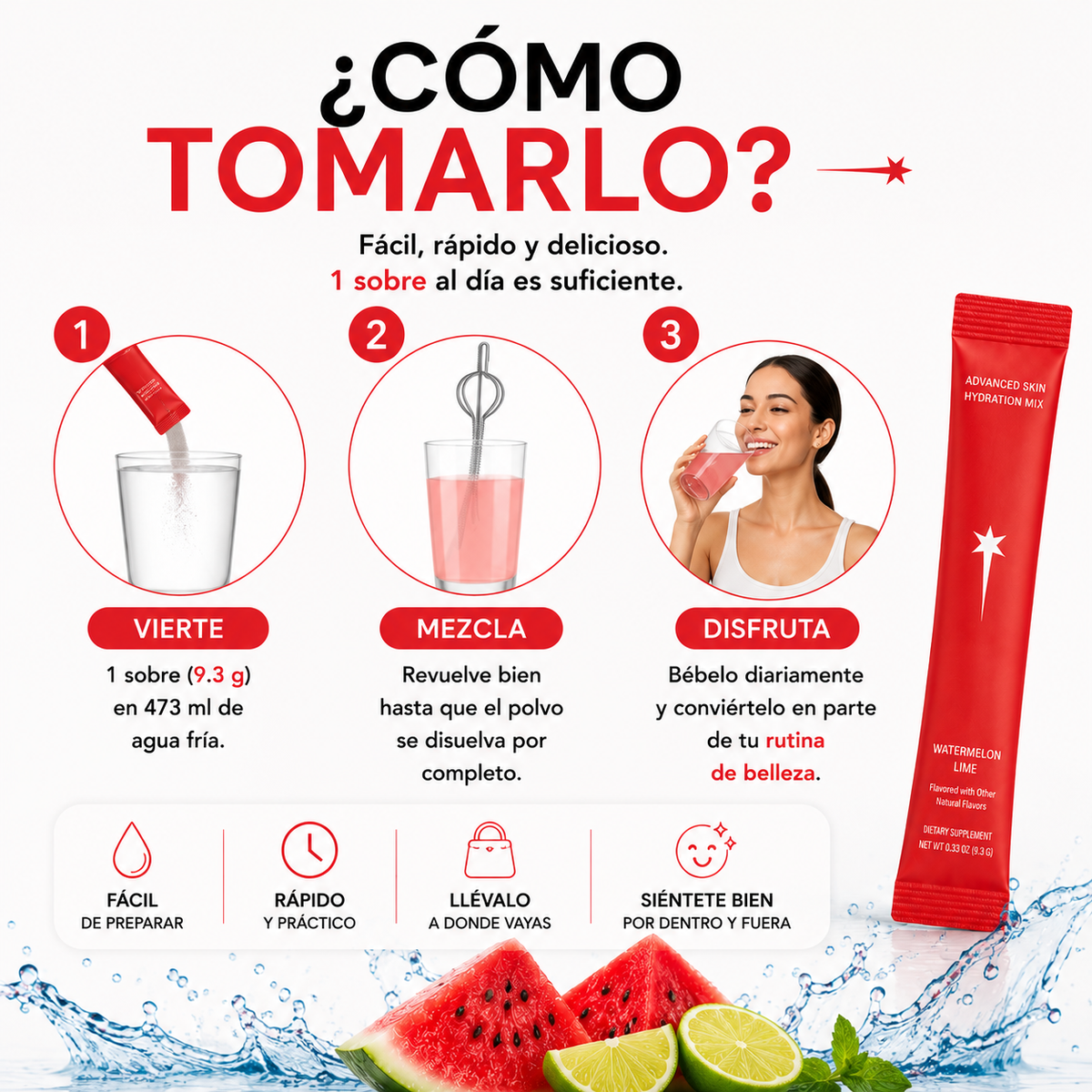 Aqua Skin, Mezcla avanzada para la hidratación de la piel, Sandía y lima, 20 sobres, 9.3 g (0.33 oz) cada uno