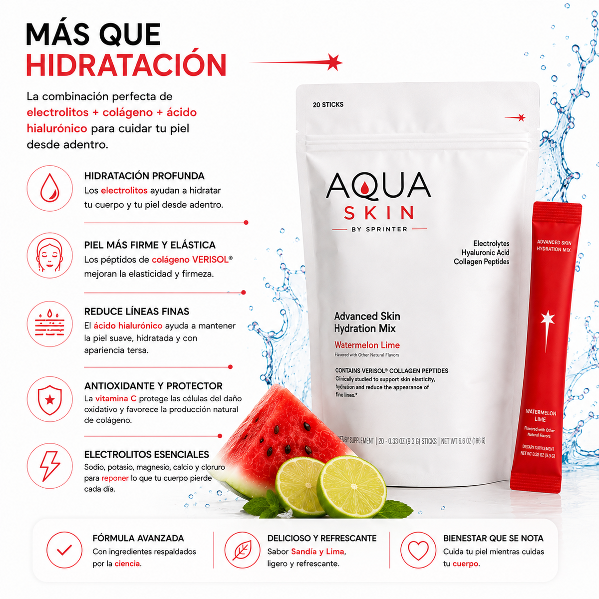 Aqua Skin, Mezcla avanzada para la hidratación de la piel, Sandía y lima, 20 sobres, 9.3 g (0.33 oz) cada uno