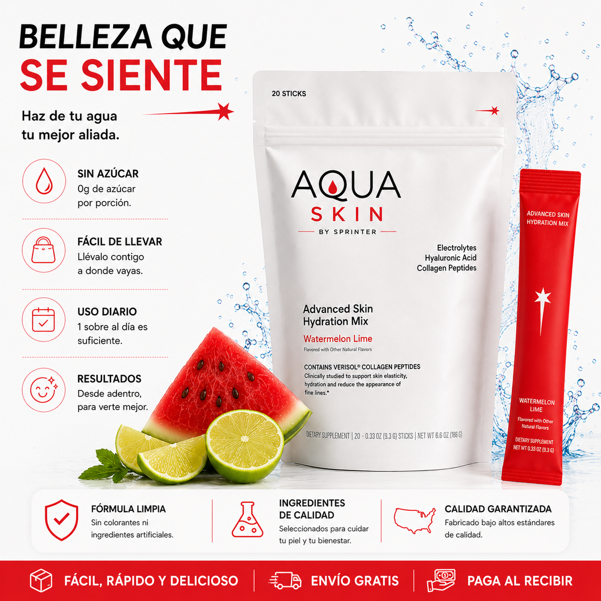 Aqua Skin, Mezcla avanzada para la hidratación de la piel, Sandía y lima, 20 sobres, 9.3 g (0.33 oz) cada uno